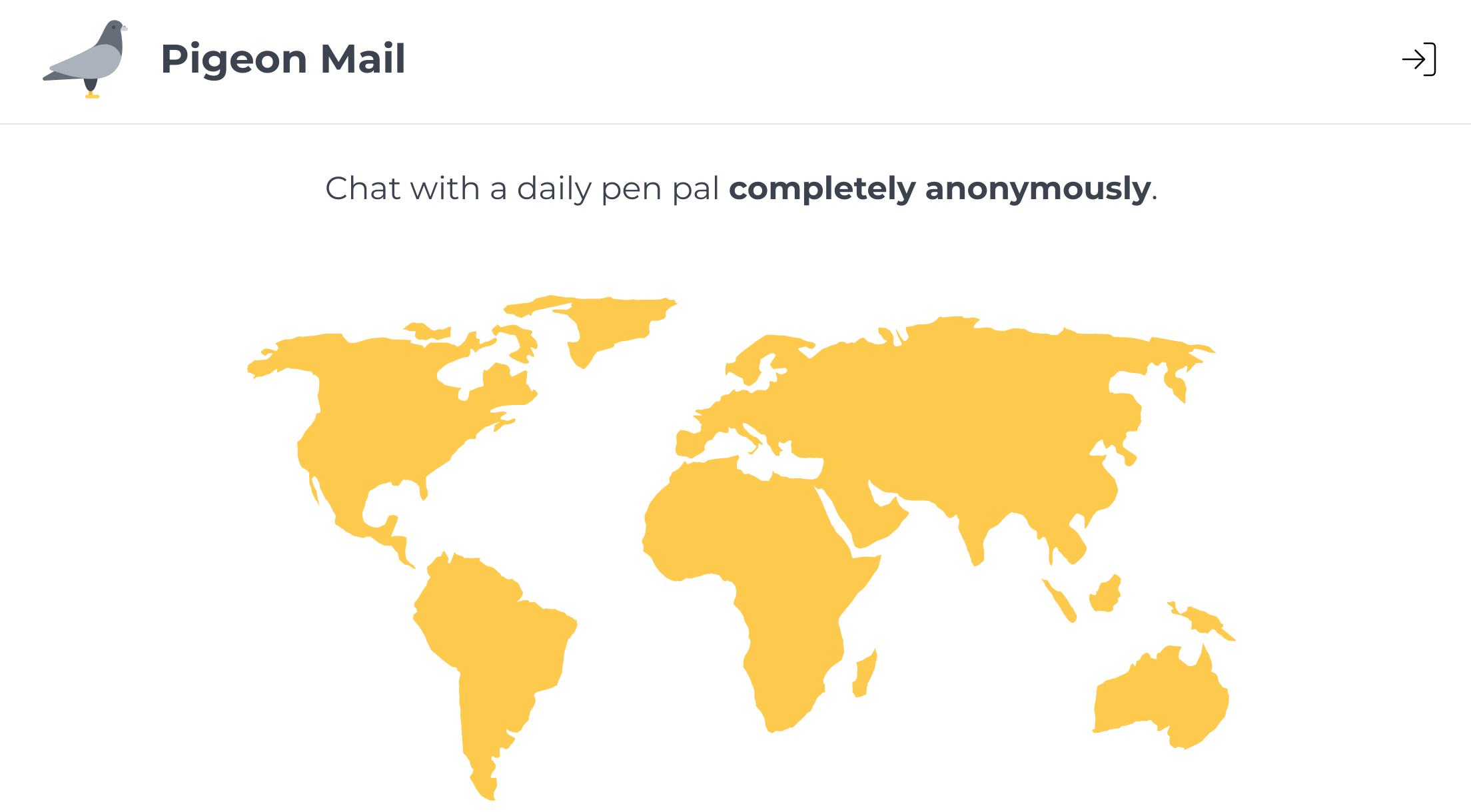 A screenshot of Pigeon Mail's homepage, containing a large world map and the tagline previously mentioned.